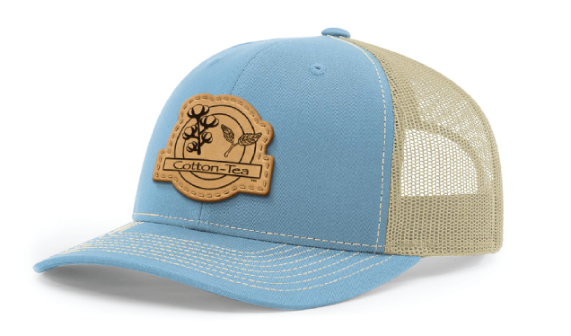 Leather Patch Columbia Blue/ Khaki Trucker Hat | Cotton-Tea.